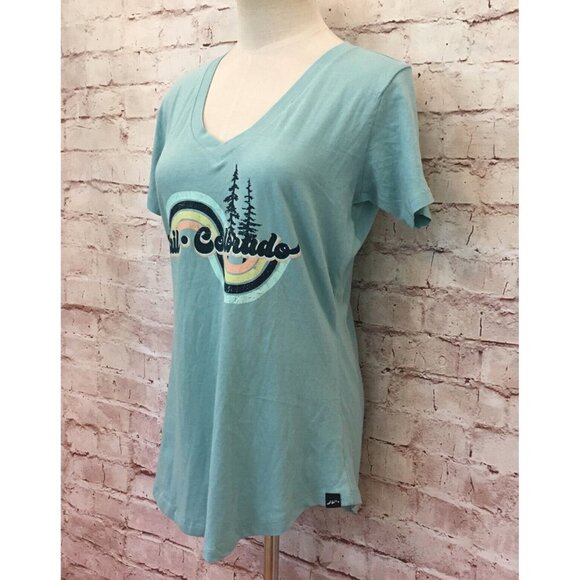 Techstyles Womens VAIL COLORADO Aqua Graphic V-Neck T- Shirt Size Small NEW - Picture 3 of 4